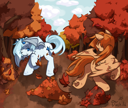 Size: 2780x2348 | Tagged: safe, artist:ju4111a, oc, oc only, oc:shane, oc:svatya, bat pony, demon, demon pony, pegasus, pony, antennae, autumn, bat pony oc, bat wings, cloud, demon oc, duo, forest, hide, horns, laughing, leaves, looking at each other, looking at someone, nature, outdoors, pegasus oc, sky, smiling, smiling at each other, spread wings, tree, wings