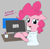 Size: 1500x1476 | Tagged: safe, artist:eels, pinkie pie, pony, g4, autocad, cad, computer, crash, female, looking at you, looking back, looking back at you, mare, pen, pencil, sad, simple background, white clothes