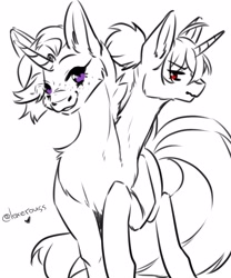 Size: 1800x2160 | Tagged: safe, artist:illustra, oc, oc only, pony, unicorn, black and white, conjoined, conjoined twins, duo, eyebrows, eyebrows visible through hair, grayscale, heart, horn, looking at you, monochrome, multiple heads, one eye closed, purple eyes, raised hoof, red eyes, signature, simple background, unicorn oc, white background