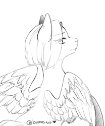 Size: 1067x1280 | Tagged: safe, artist:illustra, oc, oc only, pony, black and white, bust, eye clipping through hair, eyebrows, eyebrows visible through hair, female, female oc, grayscale, heart, looking at you, mare, mare oc, monochrome, rear view, signature, simple background, sketch, solo, spread wings, white background, wings