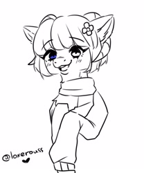 Size: 1800x2160 | Tagged: safe, artist:illustra, oc, oc only, earth pony, goat, pony, black and white, blushing, bust, clothes, earth pony oc, eyebrows, eyebrows visible through hair, female, female oc, floppy ears, flower, flower in hair, grayscale, heart, heterochromia, hoodie, looking at you, mare, mare oc, monochrome, open mouth, scarf, signature, simple background, sketch, solo, white background