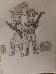 Size: 3024x4032 | Tagged: safe, artist:pink amena, starlight glimmer, trixie, human, rainbow rocks 10th anniversary, equestria girls, g4, duo, electric guitar, grayscale, guitar, guitar amp, monochrome, musical instrument, pencil drawing, traditional art