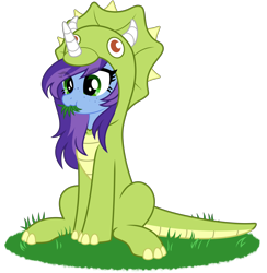 Size: 4300x4400 | Tagged: safe, artist:clubvixen, oc, oc only, oc:cher nobyl, dinosaur, pony, triceratops, unicorn, animal costume, clothes, costume, dinosaur costume, eating, grass, herbivore, horn, horses doing horse things, kigurumi, simple background, solo, transparent background