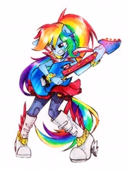 Size: 2379x3172 | Tagged: safe, artist:liaaqila, rainbow dash, equestria girls, g4, my little pony equestria girls: rainbow rocks, boots, cute, dashabetes, electric guitar, guitar, high heel boots, liaaqila is trying to murder us, liaaqila is trying to murder us with dashabetes, musical instrument, ponied up, pony ears, shoes, simple background, solo, traditional art, white background