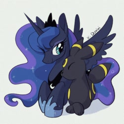 Size: 2048x2048 | Tagged: safe, artist:duvivi, princess luna, alicorn, pony, umbreon, g4, crown, cute, duo, eyes closed, female, jewelry, lunabetes, lying down, mare, no mouth, nuzzling, peytral, pokémon, prone, regalia, simple background, smiling, spread wings, white background, wings