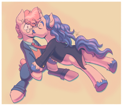 Size: 2639x2265 | Tagged: safe, artist:bkiltersot, fancypants, svengallop, earth pony, pony, unicorn, g4, clothes, duo, duo male, fancygallop, floating, gay, glasses, holding hooves, horn, kissing, male, necktie, passepartout, shipping, stallion