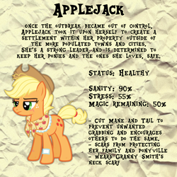 Size: 2048x2048 | Tagged: safe, artist:3ggmilky, part of a set, applejack, earth pony, pony, g4, applejack's hat, bags under eyes, base used, clothes, cowboy hat, eye scar, facial scar, female, frackles, frown, grammar error, granny smith's shawl, hat, high res, implied granny smith, infection au, leg scar, mare, narrowed eyes, scar, scarf, short hair applejack, short mane, solo, stats, stetson, tail, tail tie, text, textured background, three quarter view, tied tail