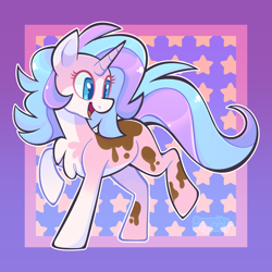 Size: 3000x3000 | Tagged: safe, artist:3ggmilky, oc, oc only, oc:candy dreams, pony, unicorn, 2023, bald face, bipedal, blank flank, blaze (coat marking), blue eyes, blue pupils, chest fluff, coat markings, colored belly, colored eartips, colored eyelashes, colored horn, colored pupils, commission, facial markings, female, gradient legs, horn, leg markings, long mane, long tail, looking down, mare, open mouth, open smile, outline, pale belly, passepartout, patterned background, pink coat, pink eyelashes, raised hoof, raised leg, shiny mane, shiny tail, smiling, solo, tail, three quarter view, three toned mane, three toned tail, two toned ears, unicorn horn, watermark, white belly