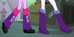 Size: 853x423 | Tagged: safe, artist:josephpatrickbrennan, editor:josephpatrickbrennan, rarity, twilight sparkle, human, equestria girls, g4, boots, boots shot, cropped, duo, duo female, female, high heel boots, legs, outdoors, pictures of legs, shoes