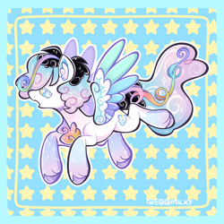 Size: 2500x2500 | Tagged: oc name needed, safe, artist:3ggmilky, oc, oc only, pegasus, pony, 2021, ambiguous gender, blue eyes, blue wings, coat markings, colored ear fluff, colored eyelashes, colored hooves, colored pinnae, colored pupils, colored wings, colored wingtips, curly mane, ear fluff, ethereal mane, ethereal tail, flying, gift art, gradient legs, gradient mane, gradient tail, high res, hooves, lidded eyes, long tail, multicolored hair, multicolored mane, multicolored wings, open mouth, outline, passepartout, patterned background, pegasus oc, pink coat, profile, purple hooves, rainbow hair, rainbow tail, secret santa, shiny hooves, short mane, signature, socks (coat markings), solo, sparkly legs, spread wings, starry mane, starry tail, striped mane, striped tail, tail, unshorn fetlocks, wavy tail, white eyelashes, wings, yellow pupils