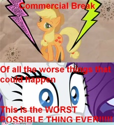 Size: 500x547 | Tagged: safe, edit, edited screencap, screencap, applejack, rarity, earth pony, pony, unicorn, g4, lesson zero, my little pony: friendship is magic, season 2, applejack's hat, cowboy hat, female, hat, horn, mare, meme, my little brony, the worst possible thing