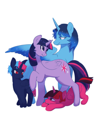 Size: 3000x3750 | Tagged: artist needed, source needed, safe, twilight sparkle, oc, oc:blue thunder, alicorn, pony, g4, alicorn oc, canon x oc, colt, family, female, filly, foal, horn, looking at each other, looking at someone, male, offspring, parent:oc:blue thunder, parent:twilight sparkle, parents:canon x oc, shipping, simple background, straight, thundersparkle, twilight sparkle (alicorn), white background, wings