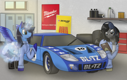 Size: 1900x1200 | Tagged: source needed, safe, artist:kreuz, oc, oc only, oc:blue thunder, oc:manfred, alicorn, earth pony, pony, car, ford, garage, indoors, lockers, male