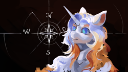 Size: 2560x1440 | Tagged: safe, artist:krapinkaius, oc, oc only, pony, unicorn, blue eyes, bust, compass rose, female, female oc, horn, looking at you, mare, mare oc, portrait, sketch, solo, two toned mane, unicorn oc