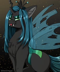 Size: 1072x1280 | Tagged: safe, artist:illustra, queen chrysalis, changeling, changeling queen, g4, chest fluff, colored ear fluff, crown, ear fluff, eye clipping through hair, eyebrows, eyebrows visible through hair, eyelashes, eyeshadow, fangs, female, forked tongue, green eyes, jewelry, looking at you, makeup, regalia, side view, signature, sitting, solo, spread wings, tongue out, transparent wings, wings