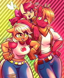 Size: 1441x1749 | Tagged: safe, artist:xconito, apple bloom, applejack, big macintosh, earth pony, anthro, g4, apple siblings, apple sisters, breasts, brother and sister, busty applejack, clothes, female, gloves, hand on hip, heart, male, one eye closed, siblings, sisters, smiling, trio, wink