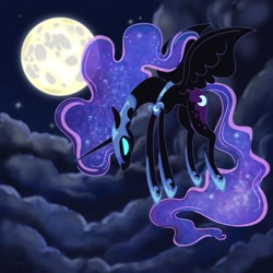 Size: 2048x2048 | Tagged: safe, artist:catscratchpaper, nightmare moon, alicorn, g4, cloud, concave belly, female, flying, full moon, mare, moon, night, night sky, outdoors, sky, solo, spread wings, thin, thin legs, wings