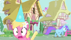 Size: 1366x768 | Tagged: safe, edit, edited screencap, screencap, berry punch, berryshine, lily, lily valley, orchid dew, roseluck, earth pony, pony, unicorn, g4, hearts and hooves day (episode), my little pony: friendship is magic, dunce hat, female, hat, horn, mare, nose in the air, outdoors, party hat, ponyville, running