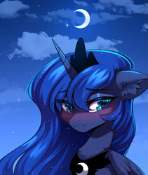 Size: 853x1009 | Tagged: safe, artist:airiniblock, princess luna, alicorn, pony, g4, blushing, chest fluff, cloud, crown, cute, ear fluff, eye clipping through hair, eyebrows, eyebrows visible through hair, horn, icon, jewelry, moon, night, regalia, sky, solo, wingding eyes, wings