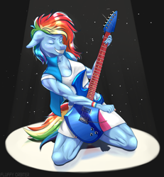 Size: 3820x4128 | Tagged: safe, artist:fluffyorbiter, rainbow dash, pegasus, anthro, rainbow rocks 10th anniversary, g4, abs, biceps, black background, bracelet, breasts, clothes, ears back, electric guitar, erect nipples, eyes closed, female, grin, gritted teeth, guitar, jewelry, kneeling, light, multicolored hair, muscles, musical instrument, nipple outline, particles, passion, playing guitar, playing music, rainbuff dash, simple background, skirt, sleeveless jacket, smiling, sports bra, spotlight, tail, teeth, underwear, white underwear, wingless, wingless anthro