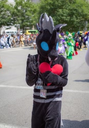 Size: 1115x1600 | Tagged: safe, artist:blue_wolf_studios, oc, oc:rad, changeling, 2019, anthrocon, changeling oc, clothes, cosplay, costume, furry, fursuit, heart, irl, outdoors, photo, solo focus