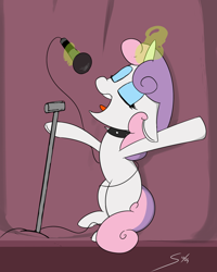 Size: 866x1080 | Tagged: safe, artist:soccy, sweetie belle, pony, unicorn, rainbow rocks 10th anniversary, g4, arms wide open, blue eyeshadow, choker, eyes closed, eyeshadow, female, glowing, glowing horn, horn, levitation, magic, magic aura, makeup, microphone, microphone stand, missing cutie mark, older, older sweetie belle, open mouth, signature, singing, solo, spiked choker, telekinesis