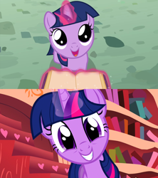 Size: 1920x2160 | Tagged: safe, edit, screencap, twilight sparkle, pony, unicorn, a canterlot wedding, g4, look before you sleep, cute, female, filly, filly twilight sparkle, foal, golden oaks library, horn, smiling, twiabetes, unicorn twilight, younger