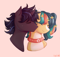 Size: 1000x961 | Tagged: safe, artist:arbilok, oc, oc only, oc:olen, oc:space, bat pony, unicorn, collar, eyes closed, flower, horn, kissing, pink background, simple background