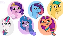 Size: 1280x720 | Tagged: safe, artist:dawnie, hitch trailblazer, izzy moonbow, misty brightdawn, pipp petals, sunny starscout, zipp storm, earth pony, pegasus, pony, unicorn, g5, abstract background, female, group photo, horn, male, mane five, mane six (g5), mane stripe sunny, mare, rebirth misty, stallion, unitober 2024