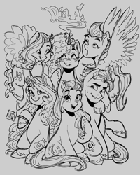 Size: 2160x2700 | Tagged: safe, artist:twillow, hitch trailblazer, izzy moonbow, misty brightdawn, pipp petals, sunny starscout, zipp storm, earth pony, pegasus, pony, unicorn, g5, blushing, female, group photo, hoof around neck, horn, implied moontrail, implied shipping, implied straight, lineart, male, mane five, mane six (g5), mare, stallion, unitober 2024