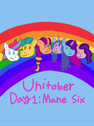 Size: 1080x1433 | Tagged: safe, artist:shucku, hitch trailblazer, izzy moonbow, misty brightdawn, pipp petals, sunny starscout, zipp storm, earth pony, pegasus, pony, unicorn, g5, blue background, caption, female, horn, male, mane five, mane six (g5), mane stripe sunny, mare, rainbow, rebirth misty, simple background, stallion, text, unitober 2024