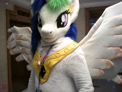 Size: 1600x1200 | Tagged: safe, artist:atalonthedeer, artist:giovannimagnus, alicorn, 2018, bust, confuzzled, fursuit, indoors, irl, jewelry, photo, ponysuit, portrait, regalia, spread wings, wings