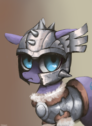 Size: 897x1233 | Tagged: safe, artist:colochenni, sun cross, pony, g4, armor, gradient background, helmet, serious, solo