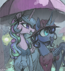 Size: 1072x1179 | Tagged: safe, artist:colochenni, princess celestia, princess luna, alicorn, pony, g4, alternate hairstyle, canterlot, clothes, dress, duo, duo female, female, hat, horn, outdoors, rain, umbrella, wings