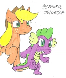 Size: 872x1025 | Tagged: safe, artist:cmara, applejack, spike, dragon, earth pony, g4, duo, duo male and female, female, male, simple background, white background