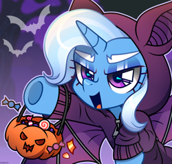 Size: 2100x2000 | Tagged: safe, artist:scarffist, derpibooru exclusive, trixie, bat, pony, unicorn, g4, base used, bat wings, bucket, candy, clothes, costume, cute, diatrixes, eyeshadow, female, food, halloween, halloween costume, happy, holiday, horn, jack-o-lantern, makeup, open mouth, pink eyes, pumpkin, pumpkin bucket, short hair, short mane, solo, spread wings, sweat, tree, trick or treat, wings