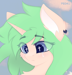 Size: 4000x4200 | Tagged: safe, artist:ponybun341, oc, oc only, oc:watame raimu, pony, unicorn, bust, cheek fluff, chest fluff, cloud, crying, ear fluff, ear piercing, earring, eye clipping through hair, eyebrows, eyebrows visible through hair, horn, jewelry, piercing, portrait, sad, sky background, solo, wingding eyes