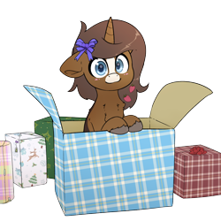 Size: 3000x3000 | Tagged: safe, artist:fluffyxai, oc, oc only, oc:strawberry cocoa (the coco clan), monster pony, pony, unicorn, 2024, blaze (coat marking), blue eyes, blue pupils, blush lines, blushing, bow, box, brother, brown coat, brown mane, catchlights, coat markings, colored, colored pupils, commission, commissioner:rautamiekka, cute, digital art, eyes open, facial markings, female to male, flat colors, floppy ears, food, gray hooves, hair bow, happy, hearth's warming, high res, hooves, horn, long mane, long mane male, looking at you, male, male oc, mane, neck fluff, no eyelashes, ocbetes, pony in a box, pony oc, present, quadrupedal, rule 63, simple background, sitting, smiling, solo, son, stallion, stallion oc, strawberry, three quarter view, transparent background, two toned coat, unicorn oc, unshorn fetlocks, ych result