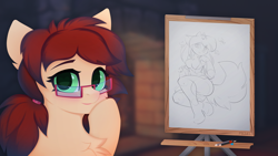 Size: 8496x4800 | Tagged: safe, artist:ponybun341, oc, oc only, oc:dream weaver, pony, anthro, blushing, bust, canvas, chest fluff, drawing, easel, eyebrows, eyebrows visible through hair, furry, glasses, heart, heart eyes, hoof on chin, looking at you, pencil, portrait, sketch, wingding eyes