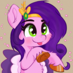 Size: 1500x1500 | Tagged: safe, artist:psfmer, pipp petals, pegasus, pony, g5, :p, adorapipp, blushing, cheek fluff, chest fluff, cute, diadem, ear fluff, female, heart, hoof heart, jewelry, mare, regalia, silly, silly pony, smiling, solo, tongue out, underhoof, unshorn fetlocks