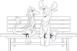 Size: 1254x827 | Tagged: safe, artist:nauyaco, princess ember, thorax, changedling, changeling, dragon, g4, bench, duo, duo male and female, female, imminent kissing, king thorax, male, monochrome, ship:embrax, shipping, simple background, straight, white background