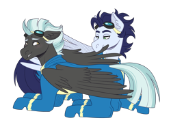 Size: 2600x2000 | Tagged: safe, artist:monnarcha, soarin', thunderlane, pony, g4, assisted preening, clothes, duo, duo male, gay, grooming, lying down, male, preening, prone, shipping, simple background, soarilane, transparent background, uniform, wings, wonderbolts uniform