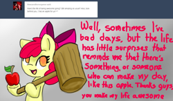 Size: 1280x750 | Tagged: safe, artist:arielsbx, apple bloom, pony, ask little applebloom, g4, apple, food, mallet, solo