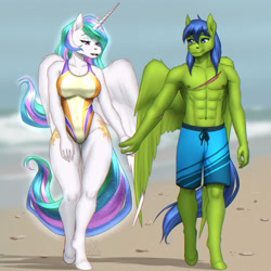 Size: 4000x4000 | Tagged: safe, artist:mykegreywolf, princess celestia, oc, oc:rally flag, alicorn, pegasus, anthro, unguligrade anthro, g4, beach, board shorts, canon x oc, clothes, duo, duo male and female, female, high-cut clothing, holding hands, horn, male, one-piece swimsuit, outdoors, pegasus oc, rallylestia, scar, shipping, straight, swimsuit, walking, wings