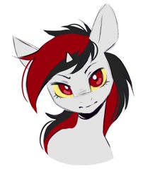 Size: 818x964 | Tagged: safe, artist:melodylibris, oc, oc only, oc:blackjack, pony, unicorn, fallout equestria, fallout equestria: project horizons, big ears, big eyes, black and red mane, bust, colored sclera, eyelashes, female, female oc, horn, looking at you, mare, mare oc, red eyes, simple background, small horn, solo, two toned mane, unicorn oc, white background, white coat, white pupils, yellow sclera