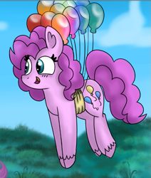 Size: 501x591 | Tagged: safe, artist:mashee, pinkie pie, earth pony, pony, g4, adorable face, balloon, balloon riding, blue sky, blush lines, blushing, cloud, colored, cute, floating, grass, happy, lineart, original art, original style, solo, then watch her balloons lift her up to the sky