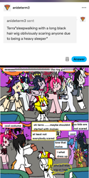 Size: 1179x2364 | Tagged: safe, artist:ask-luciavampire, oc, oc only, oc:august syrus, oc:bloom flare, oc:lucia nightblood, oc:luke dusky, oc:megumi melody, oc:moka berry, oc:nova nightstar, oc:nyx, oc:sapphira, oc:terra, oc:zane blade, alicorn, pony, undead, vampire, vampony, tumblr:ask-luciavampire, ask, facehoof, halloween, heart, heart eyes, holiday, kids, onomatopoeia, samara, sleepwalking, sound effects, starry eyes, the ring, tumblr, wig, wingding eyes, zzz