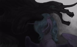 Size: 2900x1800 | Tagged: safe, artist:gaenkars, nightmare moon, princess luna, alicorn, pony, g4, crying, curved horn, duo, female, horn, mare, monster, s1 luna