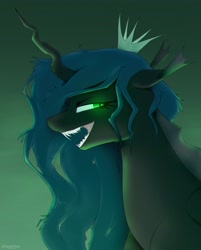 Size: 3301x4096 | Tagged: safe, artist:renderpoint, queen chrysalis, changeling, changeling queen, g4, bust, crown, evil smile, female, glowing, glowing eyes, gradient background, high res, horn, jewelry, open mouth, open smile, regalia, sharp teeth, smiling, solo, teeth