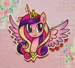 Size: 2681x2399 | Tagged: safe, artist:dariarchangel, princess cadance, alicorn, pony, g4, adorable face, alicorn wings, bust, c:, cadance's crown, colored wings, crown, cute, cute face, cute smile, cutedance, diadem, female, flower, gem, gold jewelry, gradient wings, horn, jewelry, long hair, long horn, long mane, mare, multicolored hair, multicolored mane, one ear down, peytral, pink coat, portrait, princess, purple eyes, regalia, smiling, solo, spread wings, three toned hair, three toned mane, traditional art, unicorn horn, wavy hair, wavy mane, weapons-grade cute, wings